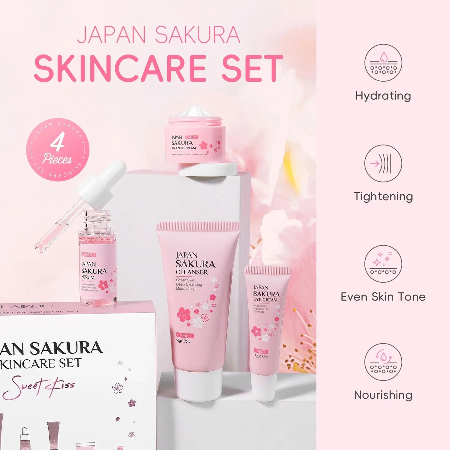 4 PCS Set Cleanser Moisturizing, Eye Cream, Face Serum, Improve Roughness & Dryness